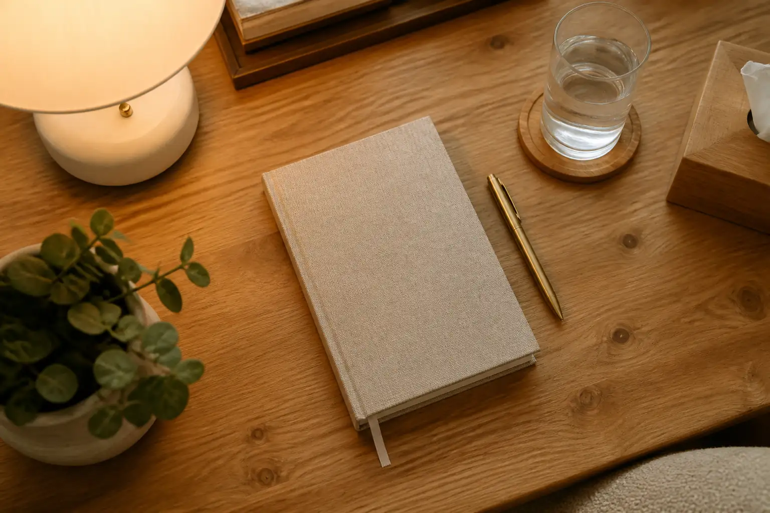 Quiet desk with a linen journal and gold pen
